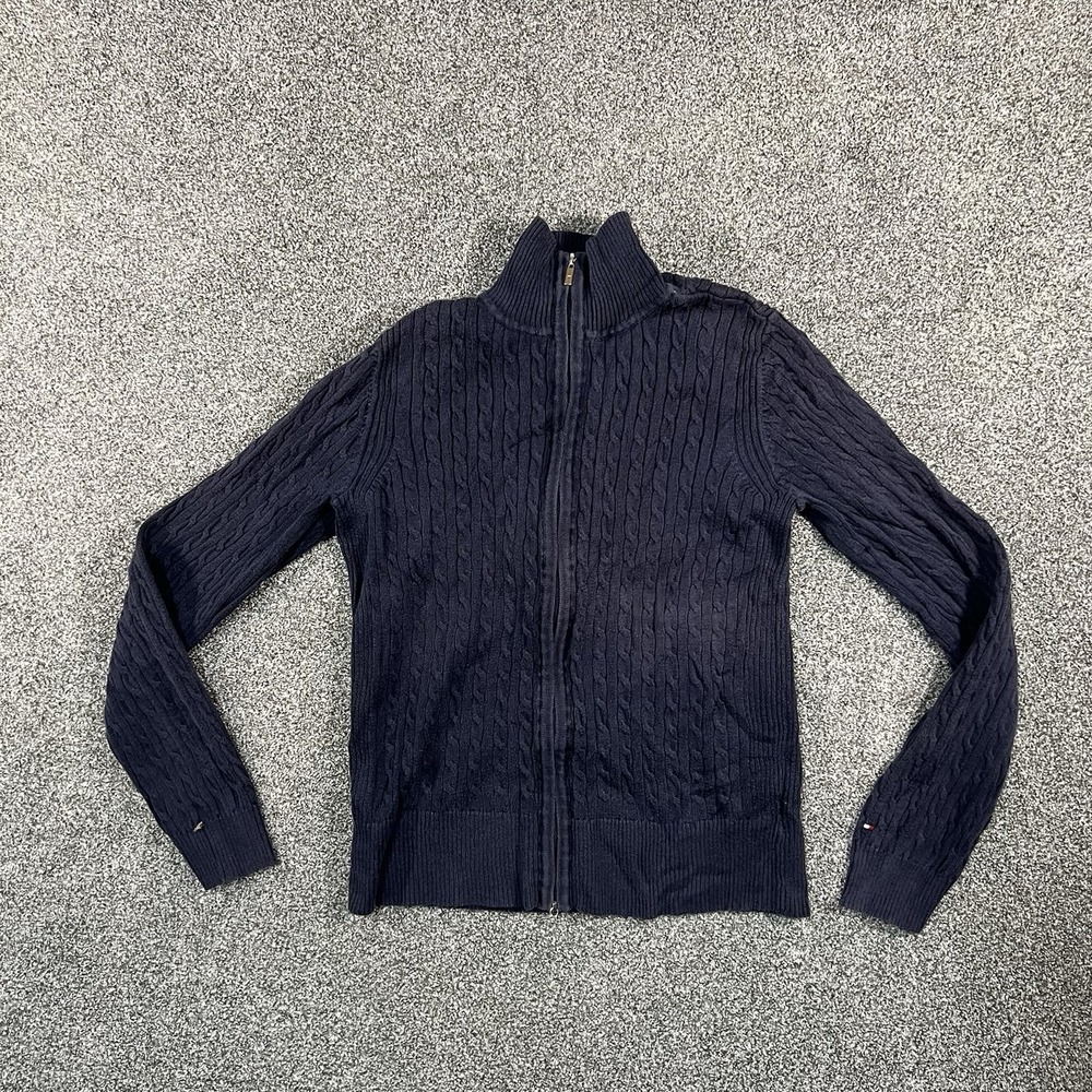 Tommy Hilfiger Womens Petite Small Navy Cable Knit Full Zip Sweater
